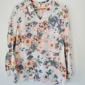 ST. TROPEZ WEST Sz S 100% Linen Tunic Top Muted Floral LS V Neck Coastal Beach